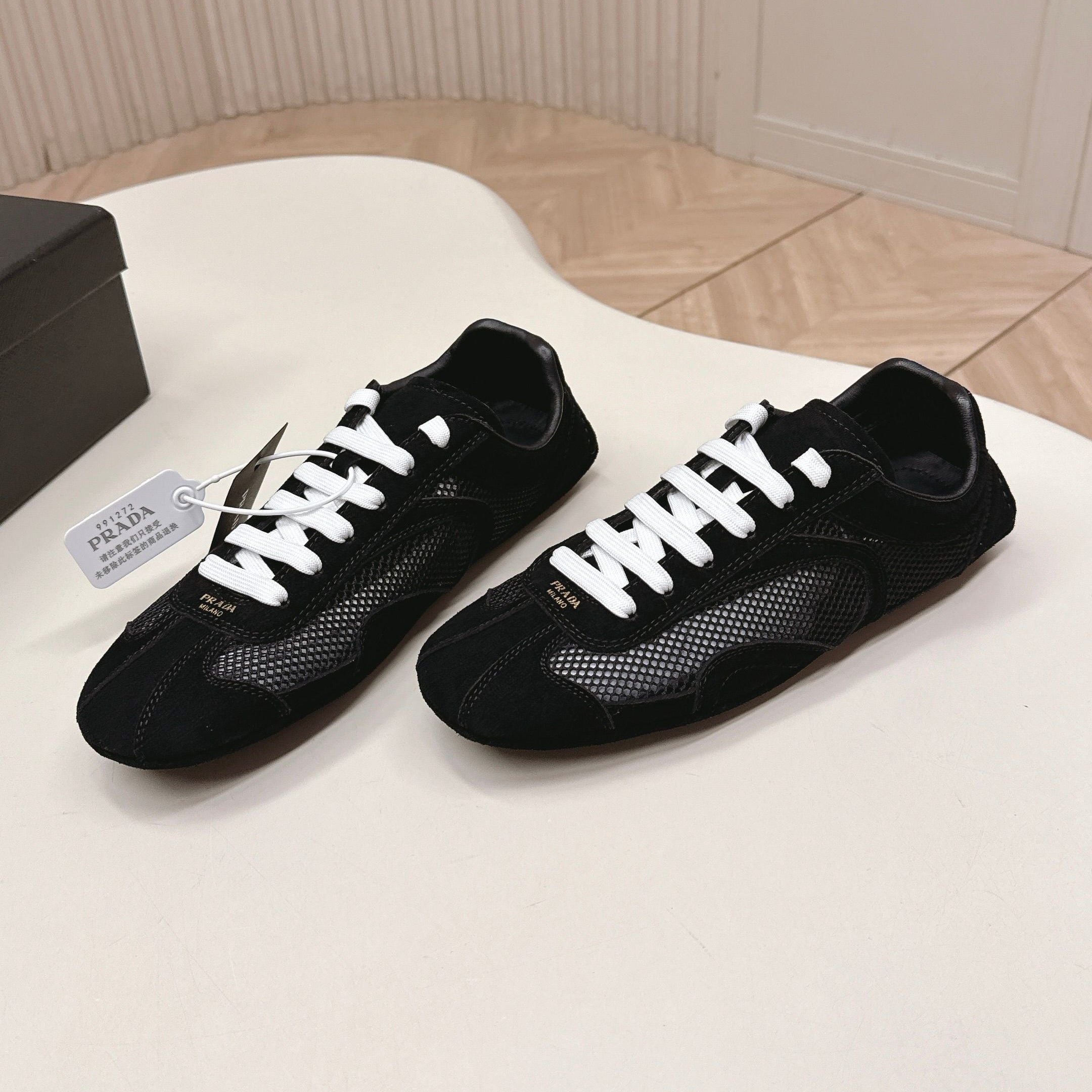 PRADA 26S CLASSIC SNEAKERS IN BLACK SUEDE AND MESH
