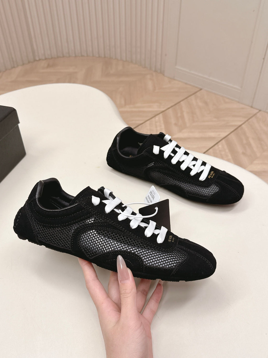 PRADA 26S CLASSIC SNEAKERS IN BLACK SUEDE AND MESH