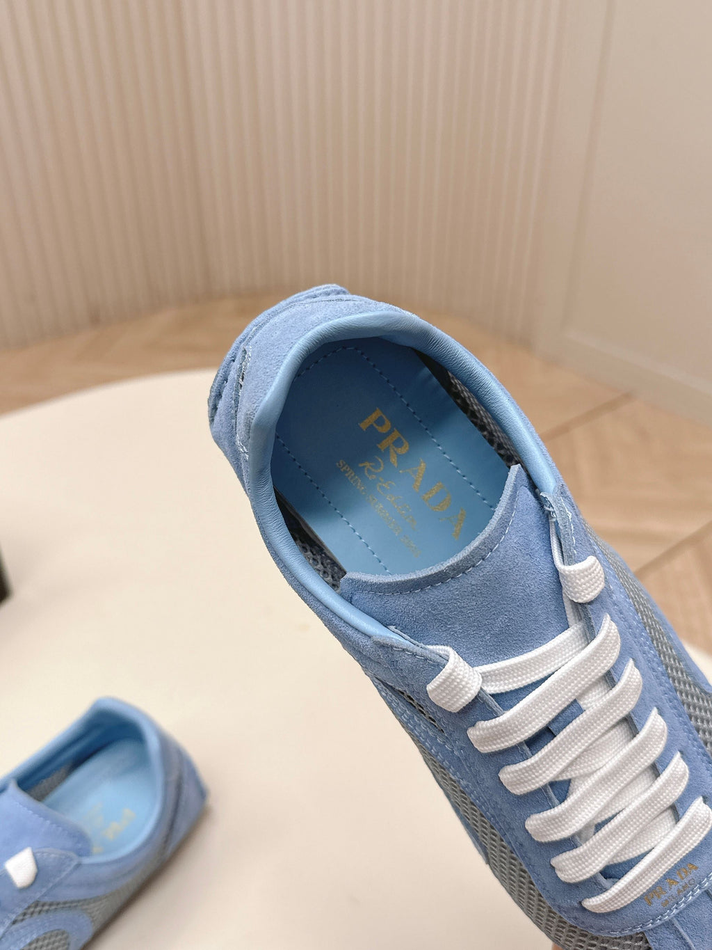 PRADA 26S CLASSIC SNEAKERS IN BLUE SUEDE AND MESH