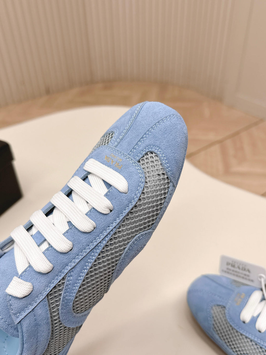 PRADA 26S CLASSIC SNEAKERS IN BLUE SUEDE AND MESH