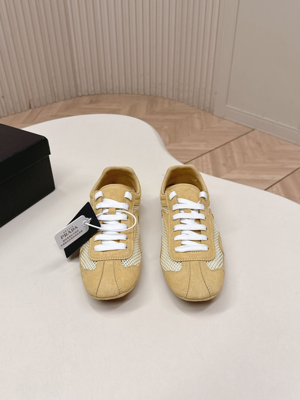 PRADA 26S CLASSIC SNEAKERS IN YELLOW SAND SUEDE AND MESH