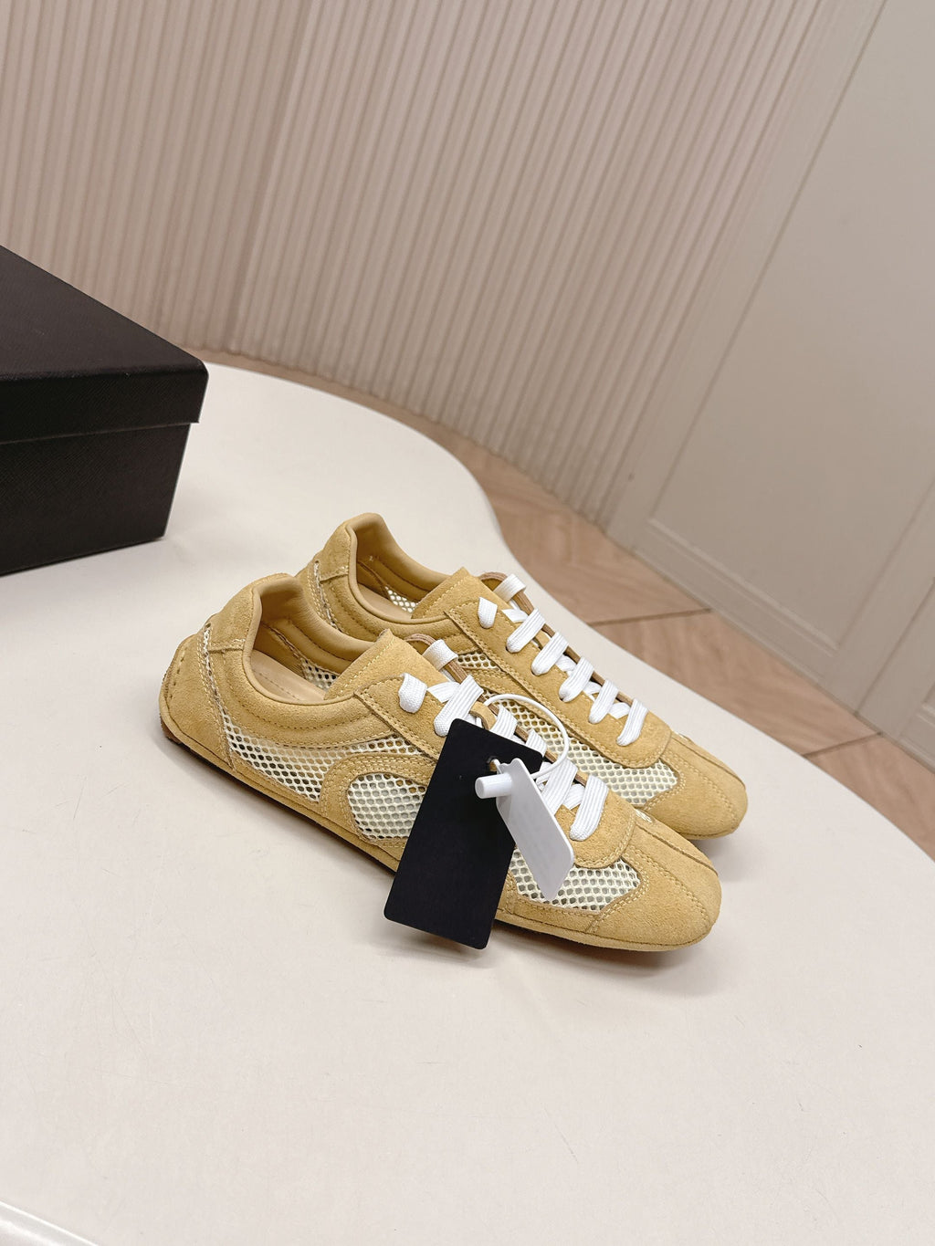 PRADA 26S CLASSIC SNEAKERS IN YELLOW SAND SUEDE AND MESH