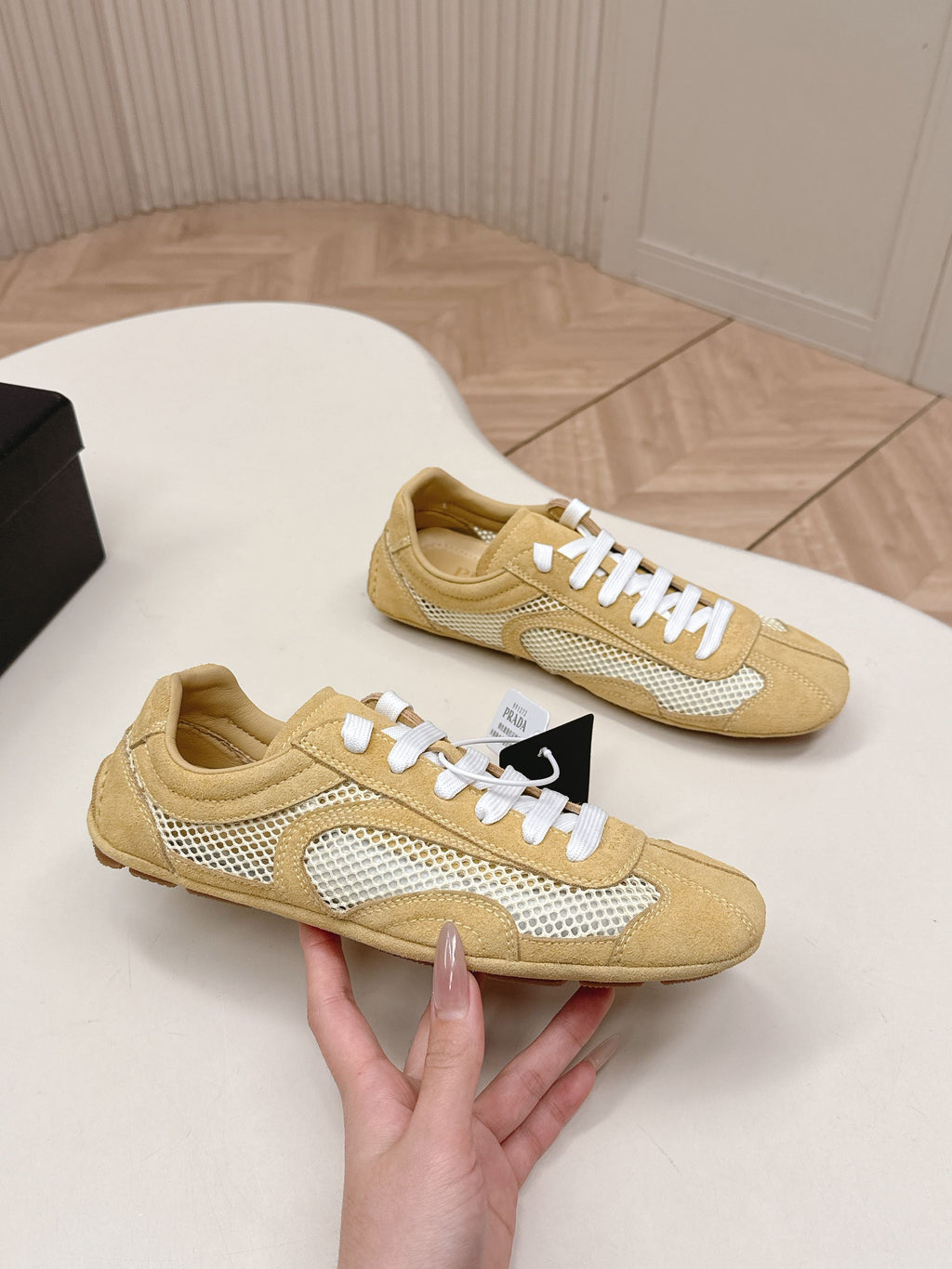 PRADA 26S CLASSIC SNEAKERS IN YELLOW SAND SUEDE AND MESH