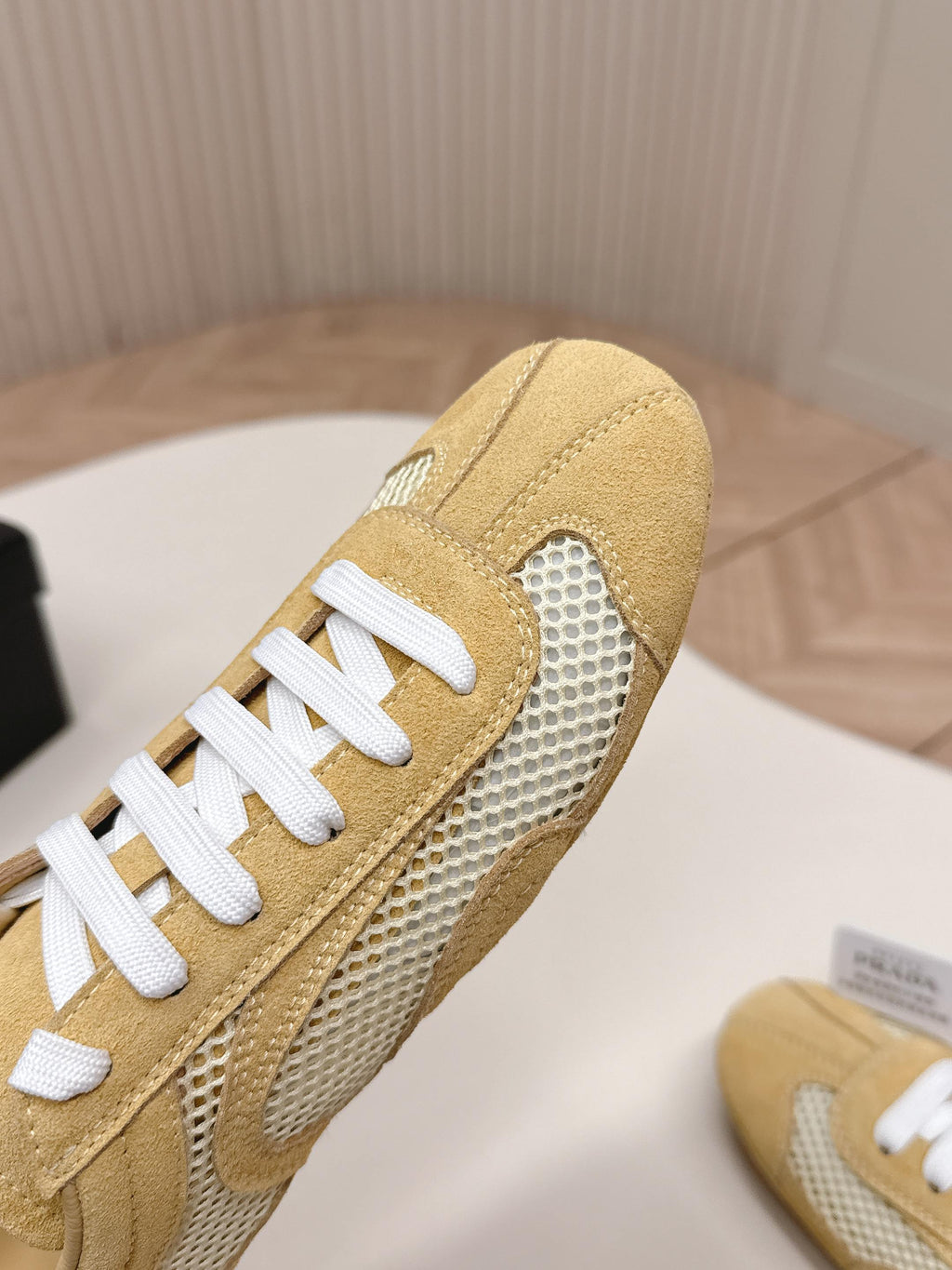 PRADA 26S CLASSIC SNEAKERS IN YELLOW SAND SUEDE AND MESH