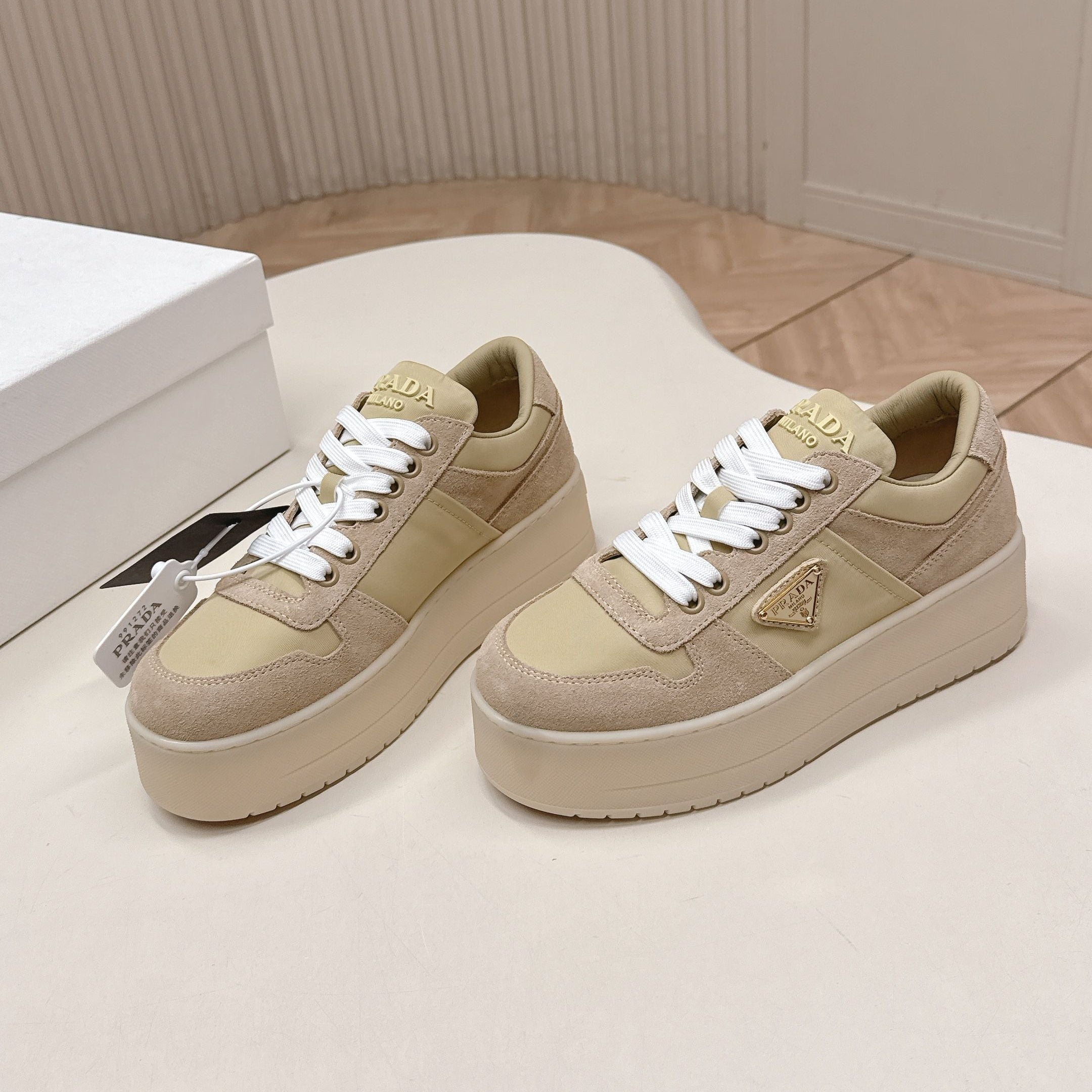 PRADA 26S PLATFORM SNEAKERS 50MM IN BEIGE SUEDE