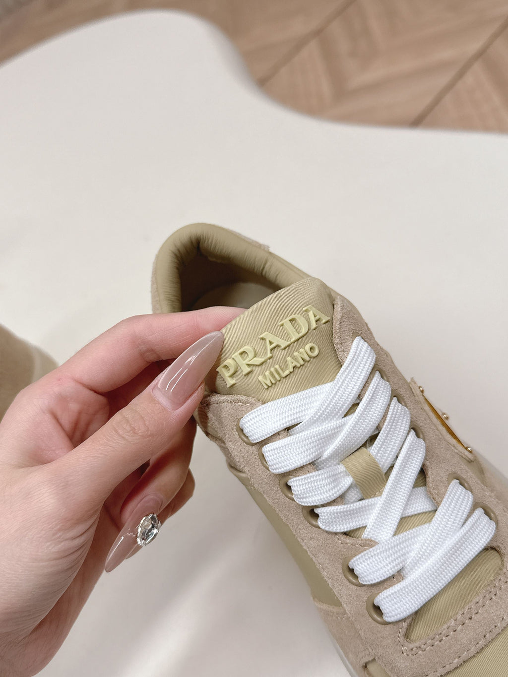 PRADA 26S PLATFORM SNEAKERS 50MM IN BEIGE SUEDE