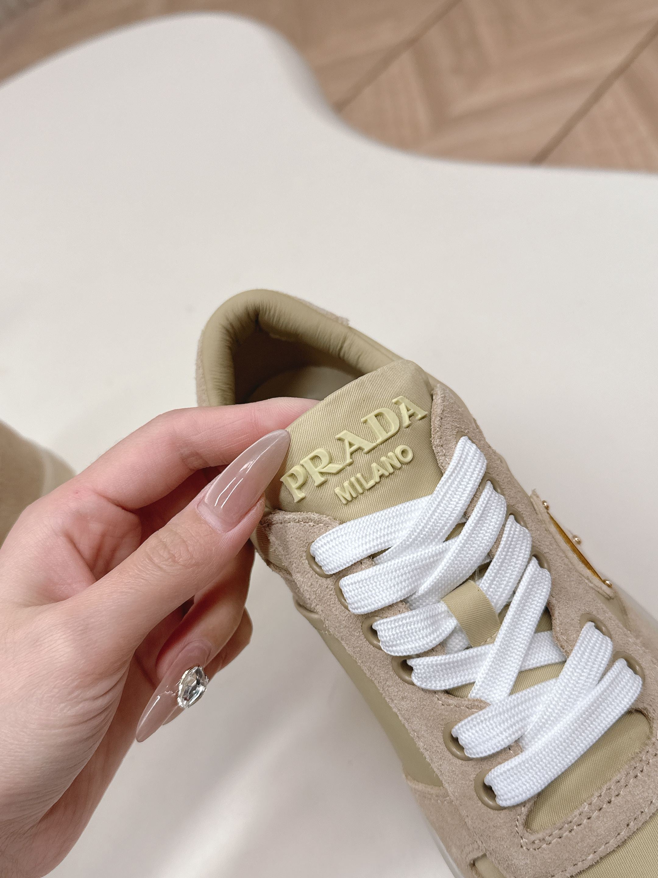 PRADA 26S PLATFORM SNEAKERS 50MM IN BEIGE SUEDE