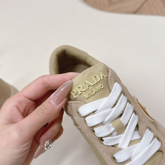 PRADA 26S PLATFORM SNEAKERS 50MM IN BEIGE SUEDE