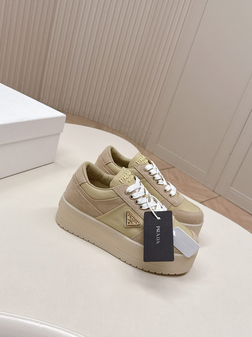 PRADA 26S PLATFORM SNEAKERS 50MM IN BEIGE SUEDE