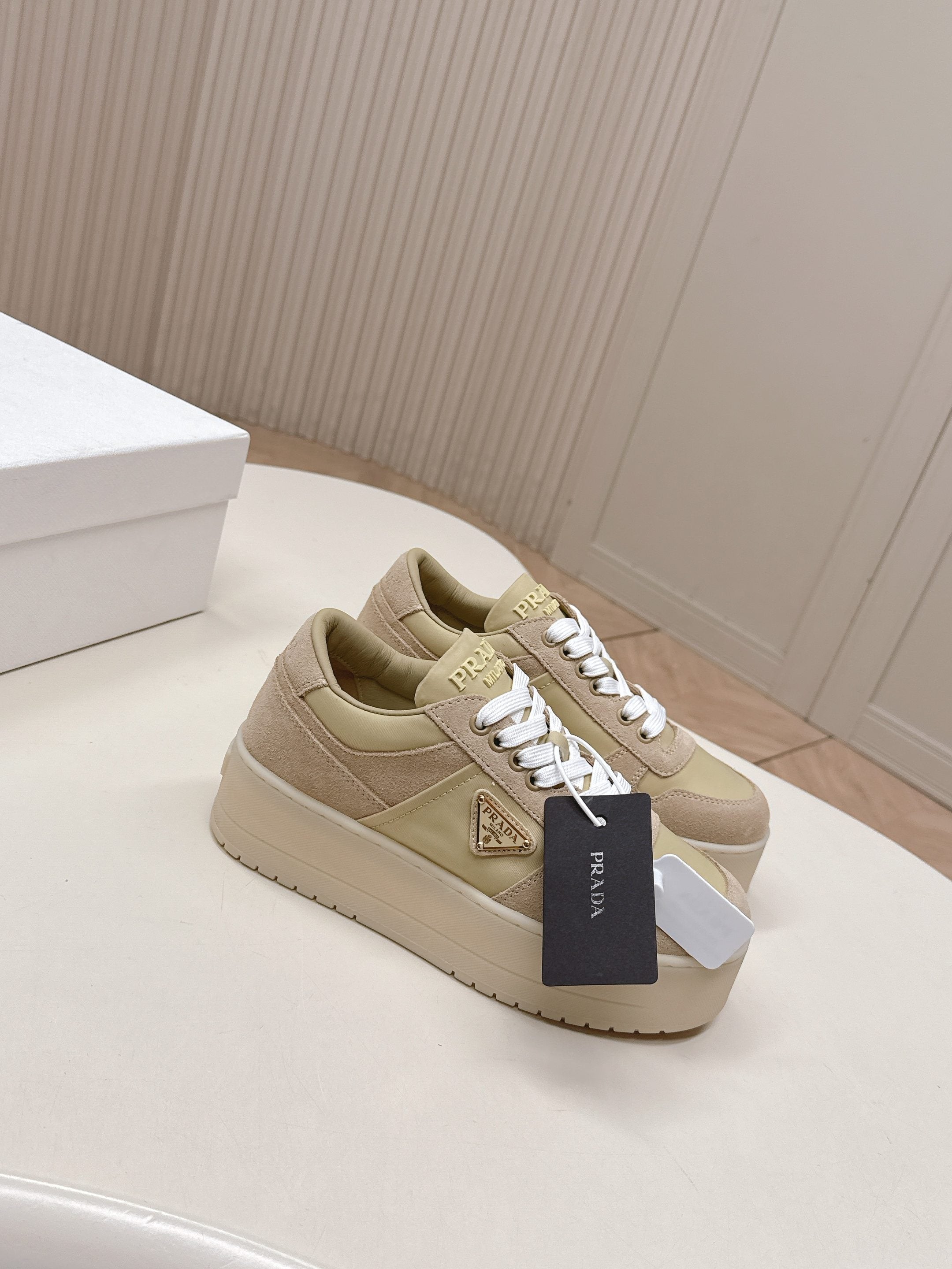 PRADA 26S PLATFORM SNEAKERS 50MM IN BEIGE SUEDE