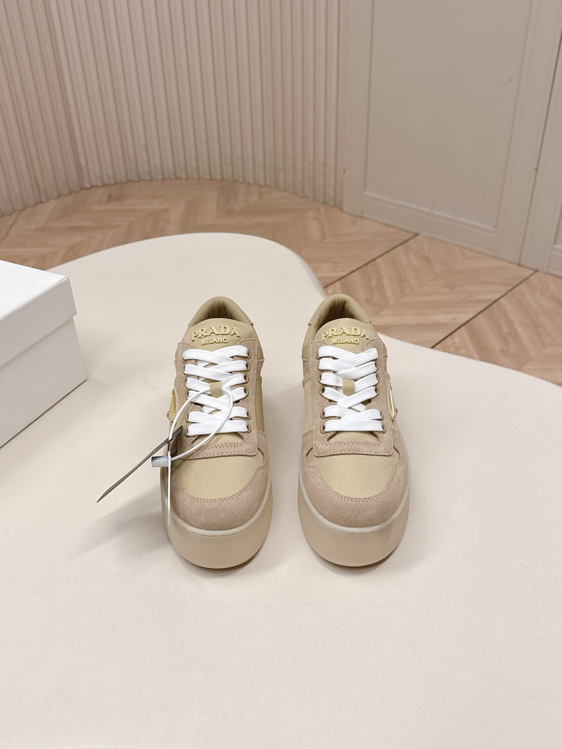 PRADA 26S PLATFORM SNEAKERS 50MM IN BEIGE SUEDE