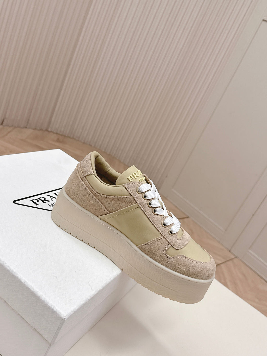 PRADA 26S PLATFORM SNEAKERS 50MM IN BEIGE SUEDE