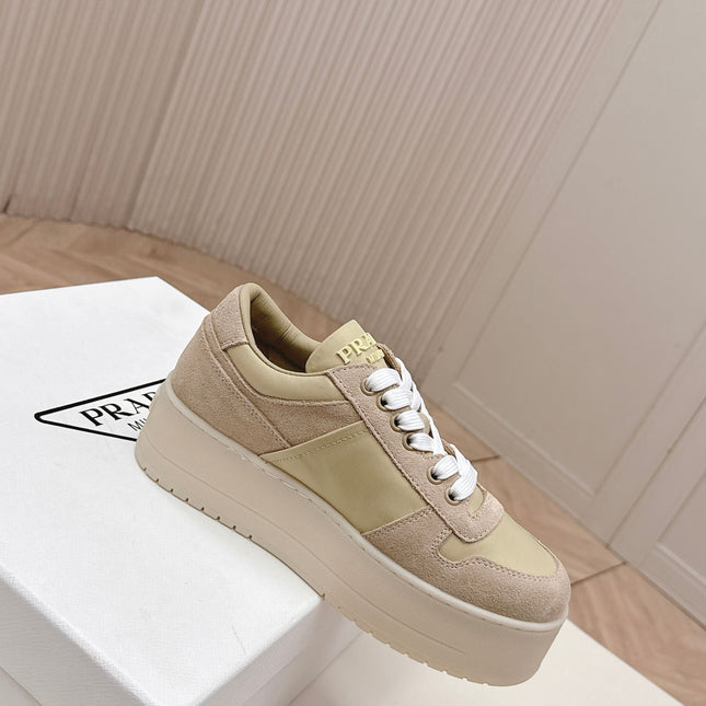 PRADA 26S PLATFORM SNEAKERS 50MM IN BEIGE SUEDE
