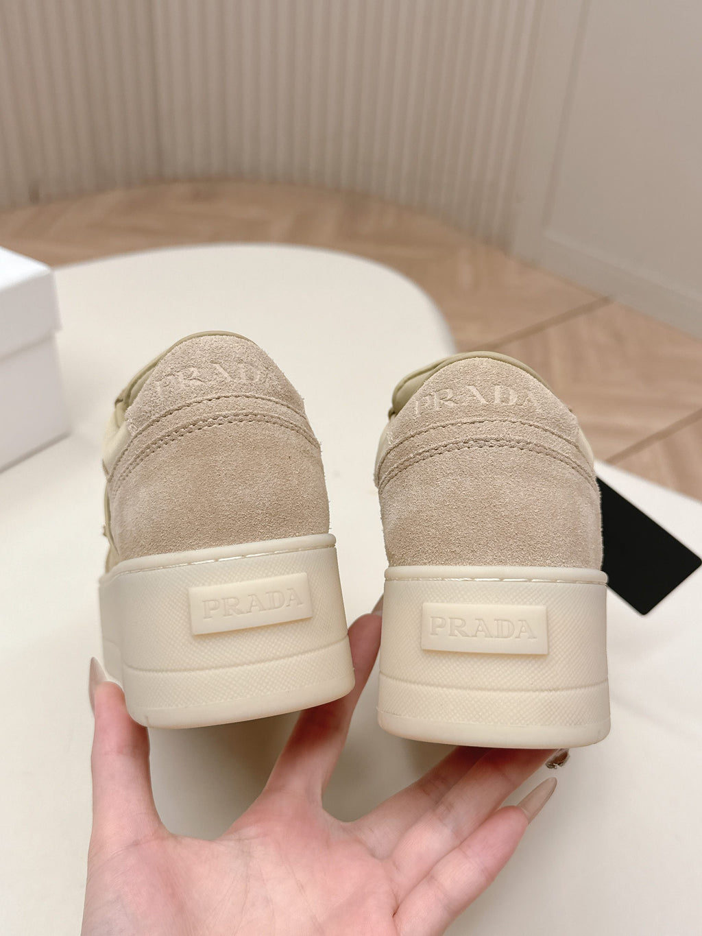 PRADA 26S PLATFORM SNEAKERS 50MM IN BEIGE SUEDE