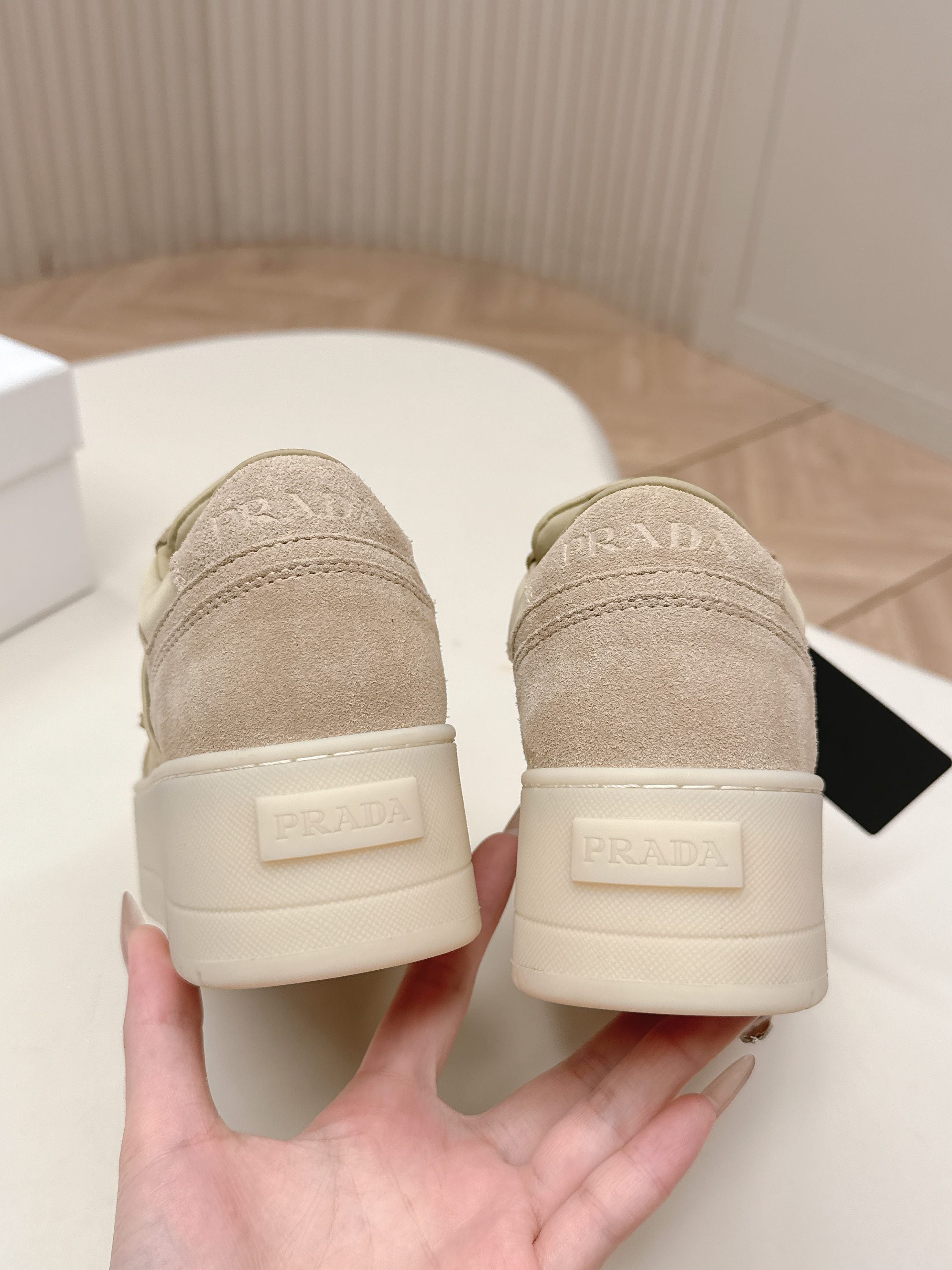 PRADA 26S PLATFORM SNEAKERS 50MM IN BEIGE SUEDE