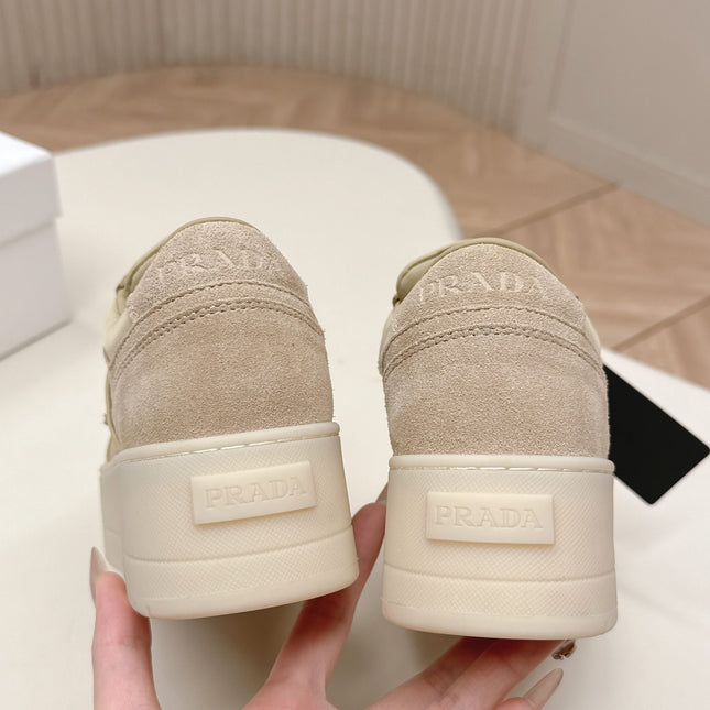 PRADA 26S PLATFORM SNEAKERS 50MM IN BEIGE SUEDE