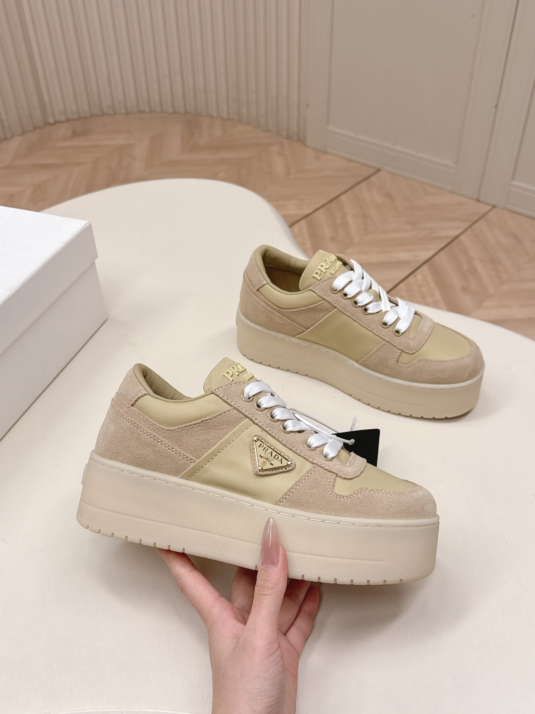 PRADA 26S PLATFORM SNEAKERS 50MM IN BEIGE SUEDE