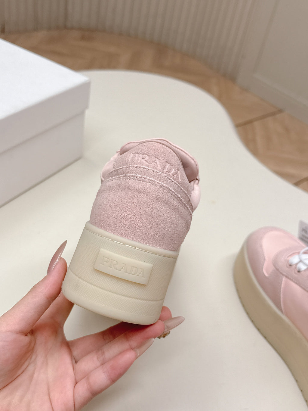 PRADA 26S PLATFORM SNEAKERS 50MM IN PINK SUEDE