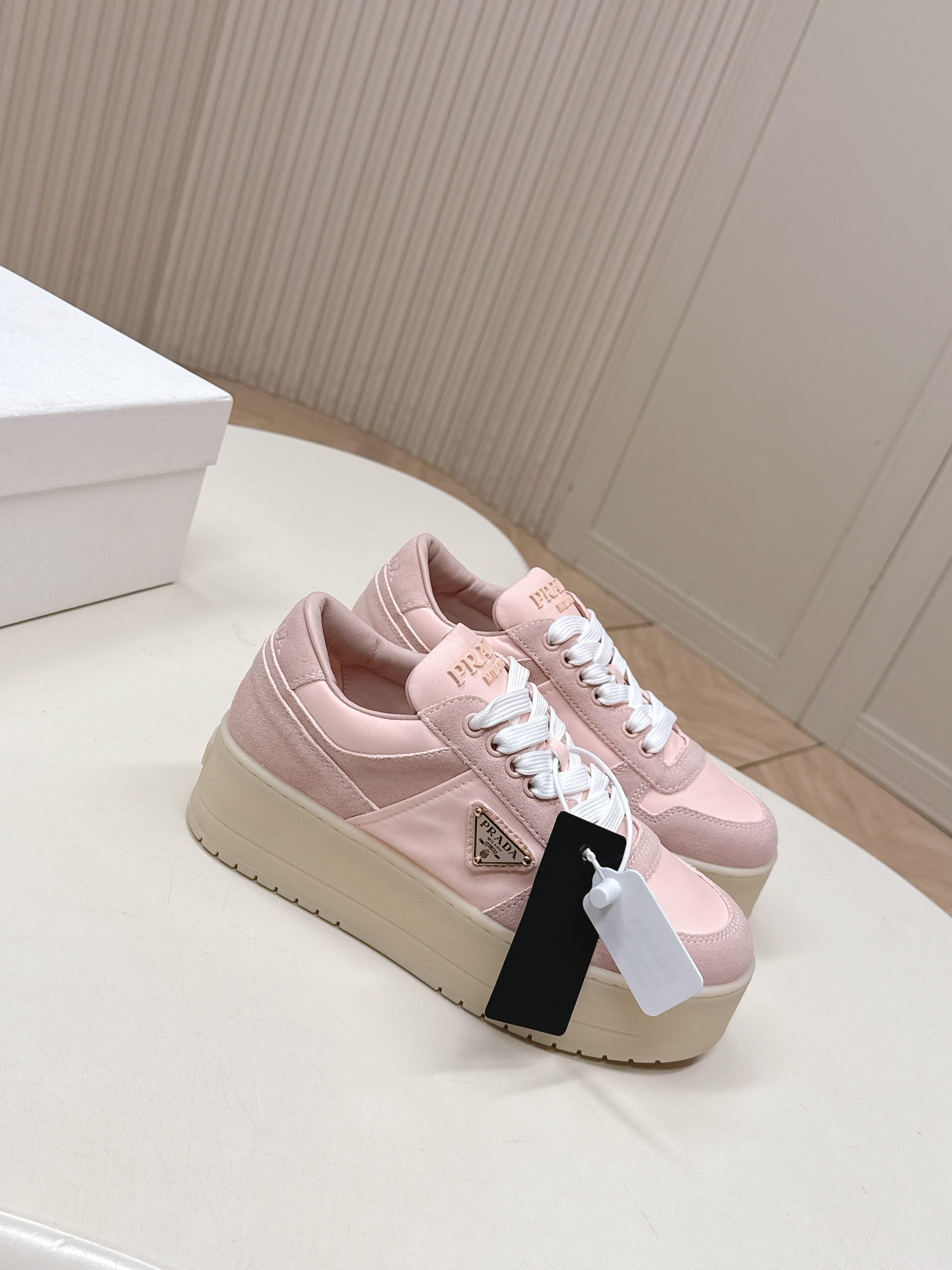 PRADA 26S PLATFORM SNEAKERS 50MM IN PINK SUEDE