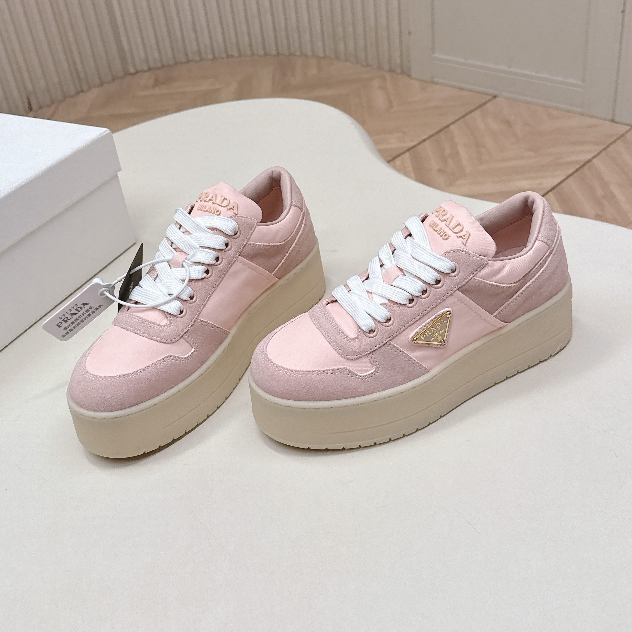 PRADA 26S PLATFORM SNEAKERS 50MM IN PINK SUEDE