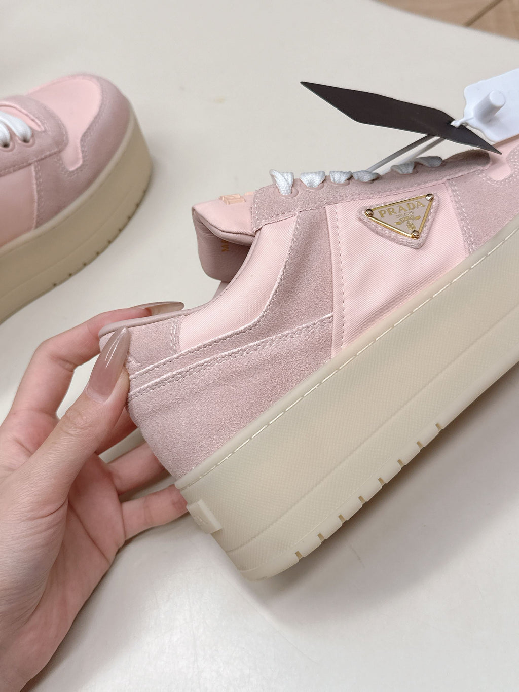 PRADA 26S PLATFORM SNEAKERS 50MM IN PINK SUEDE