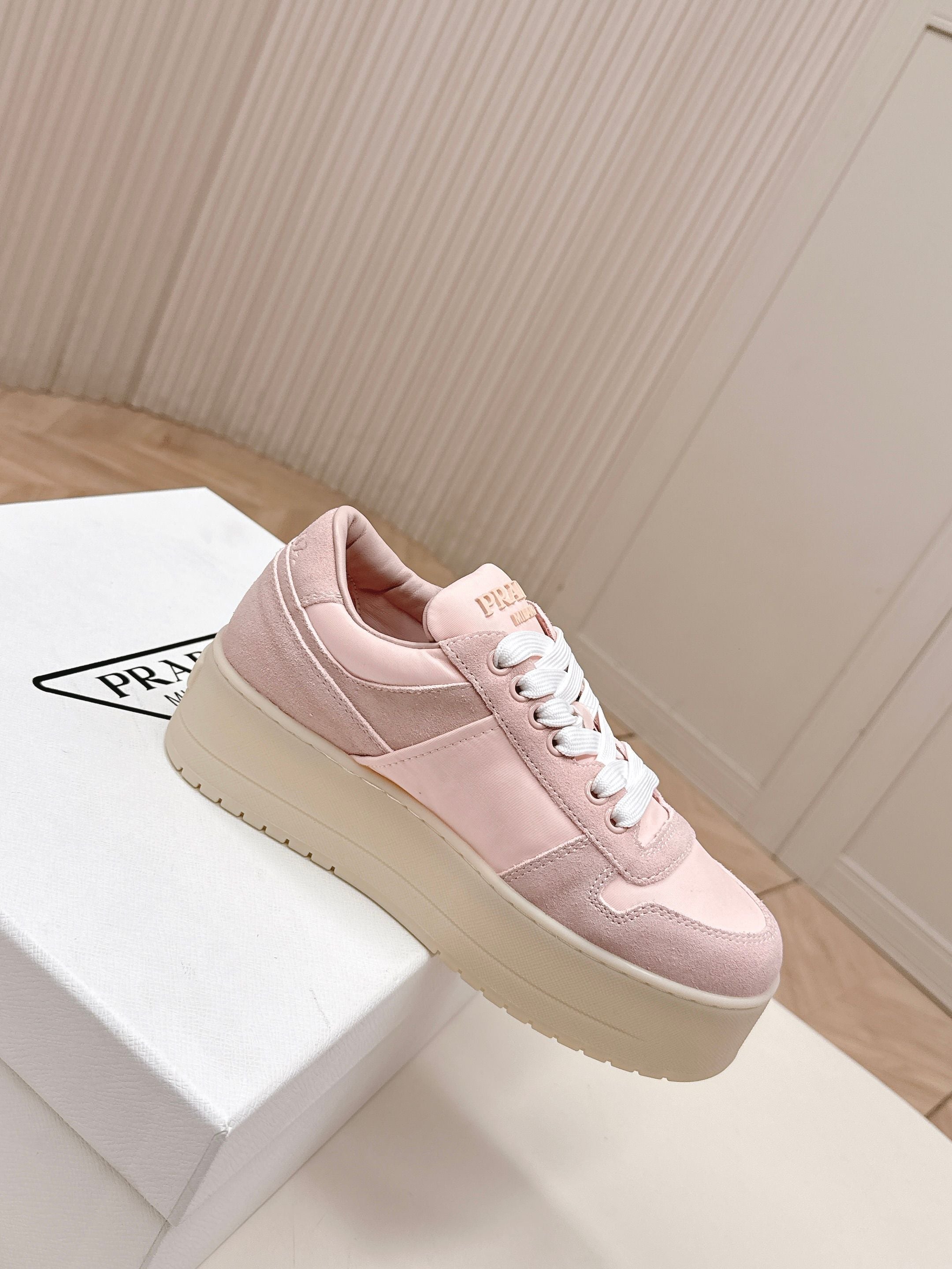 PRADA 26S PLATFORM SNEAKERS 50MM IN PINK SUEDE