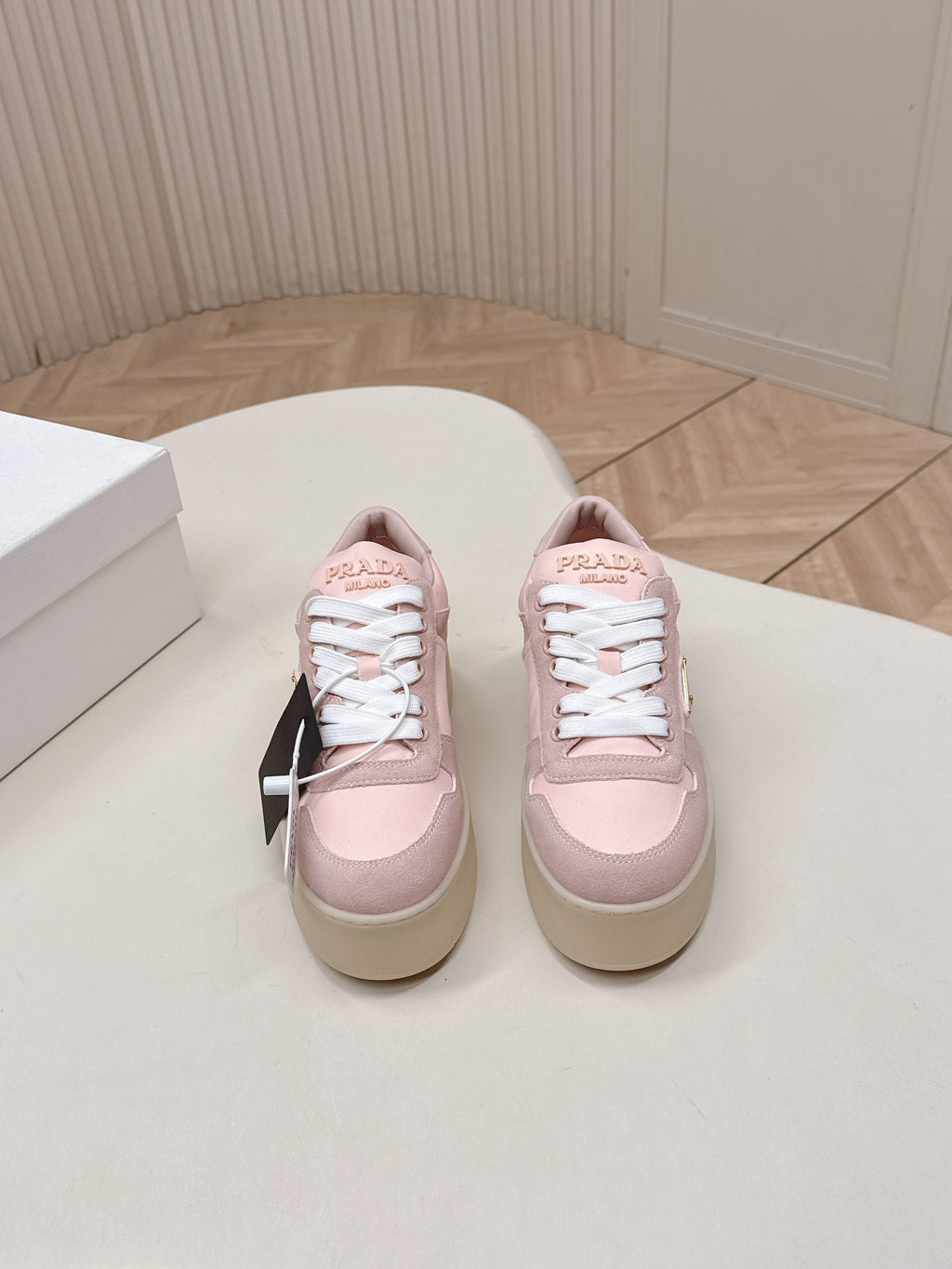 PRADA 26S PLATFORM SNEAKERS 50MM IN PINK SUEDE