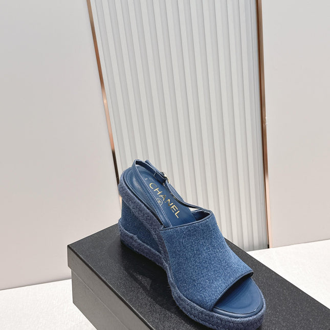 CHANEL 26S WEDGE SANDALS IN BLUE DENIM 29526