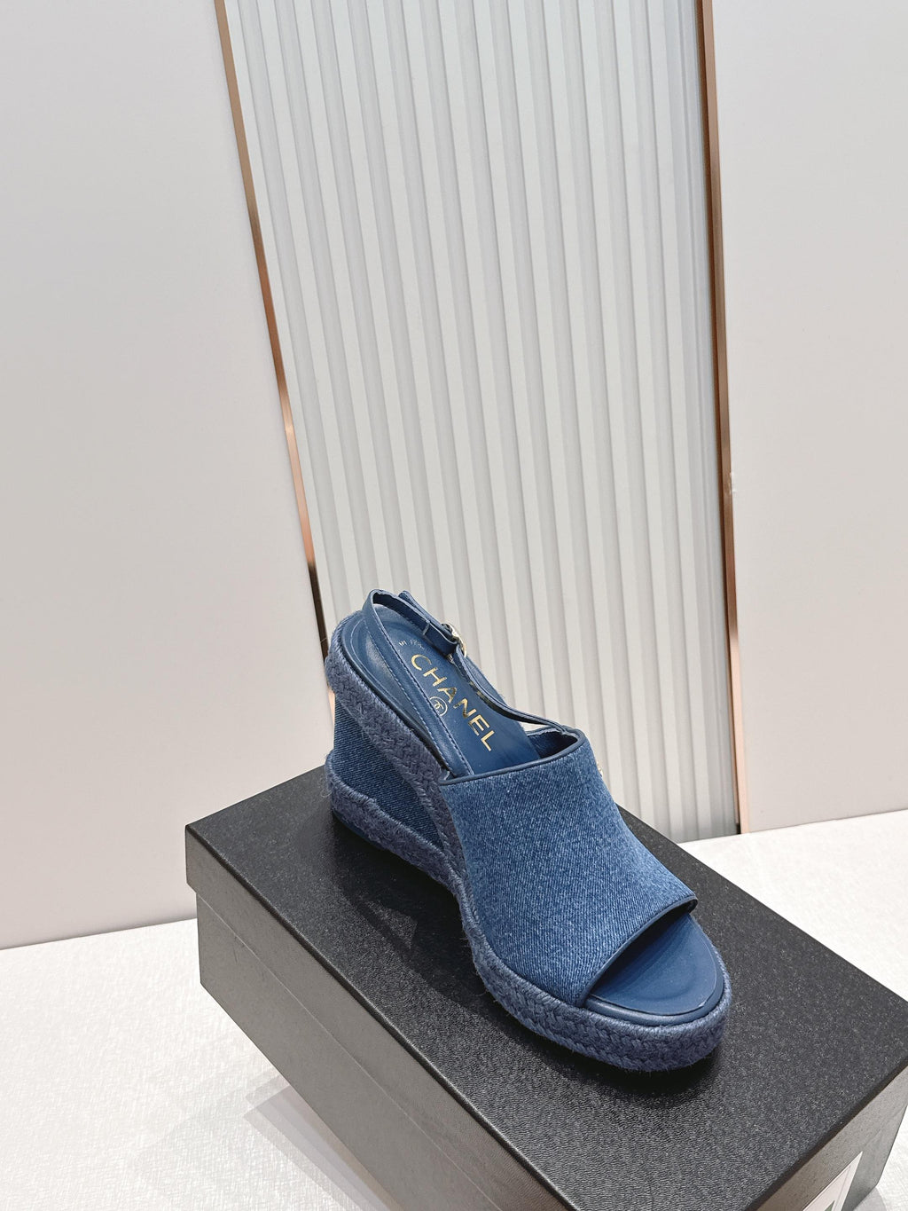 CHANEL 26S WEDGE SANDALS IN BLUE DENIM 29526