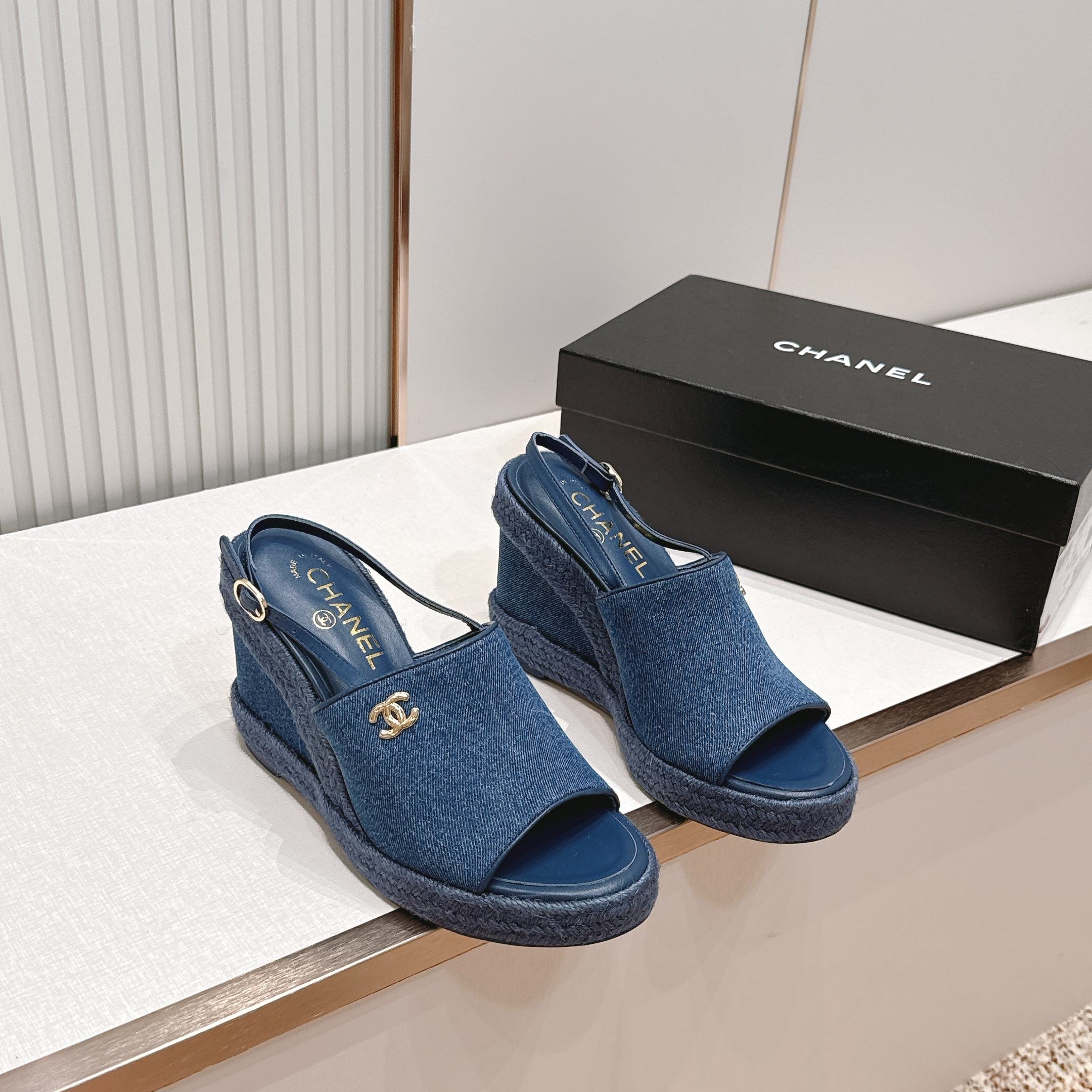 CHANEL 26S WEDGE SANDALS IN BLUE DENIM 29526