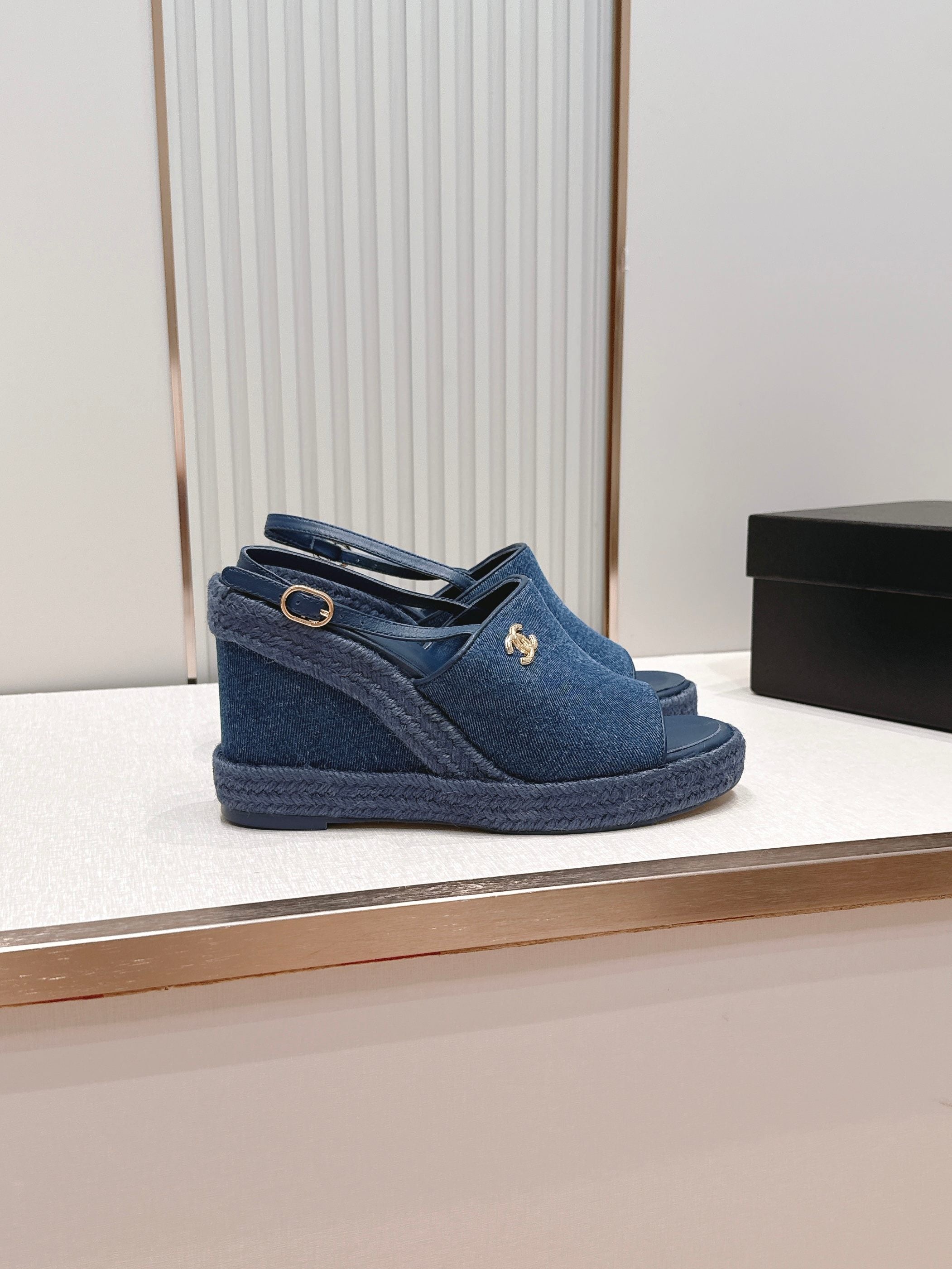 CHANEL 26S WEDGE SANDALS IN BLUE DENIM 29526