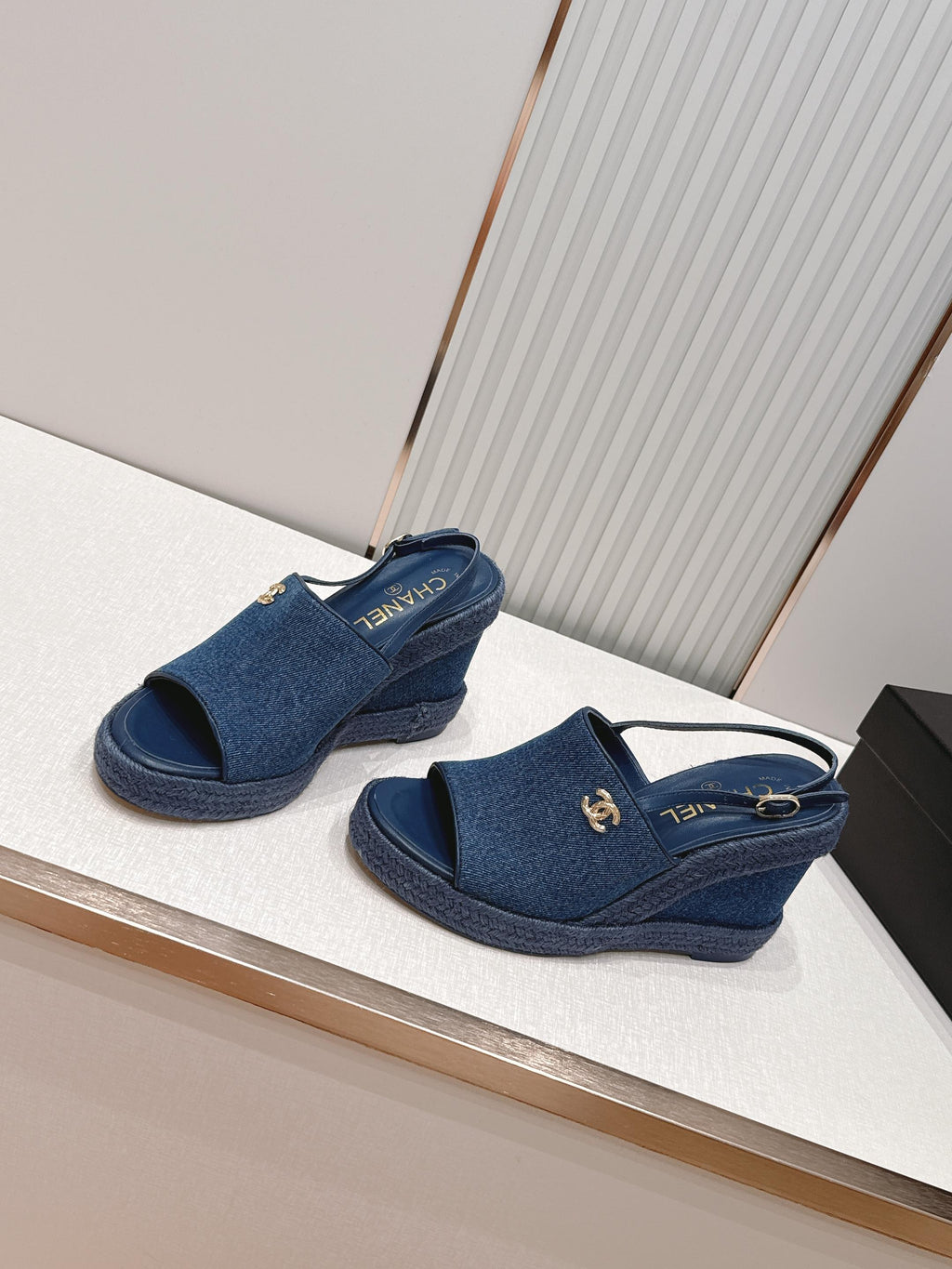 CHANEL 26S WEDGE SANDALS IN BLUE DENIM 29526