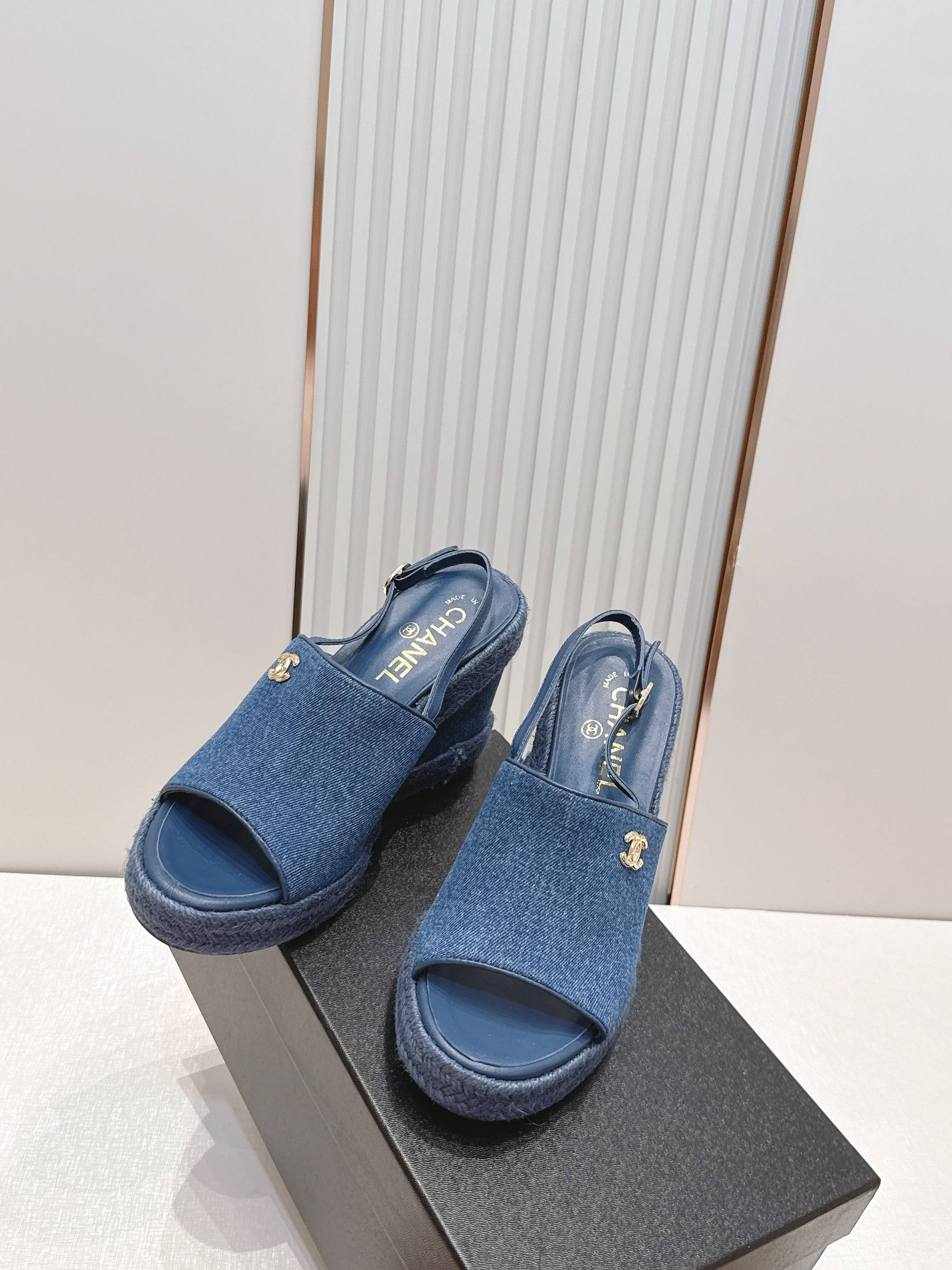 CHANEL 26S WEDGE SANDALS IN BLUE DENIM 29526