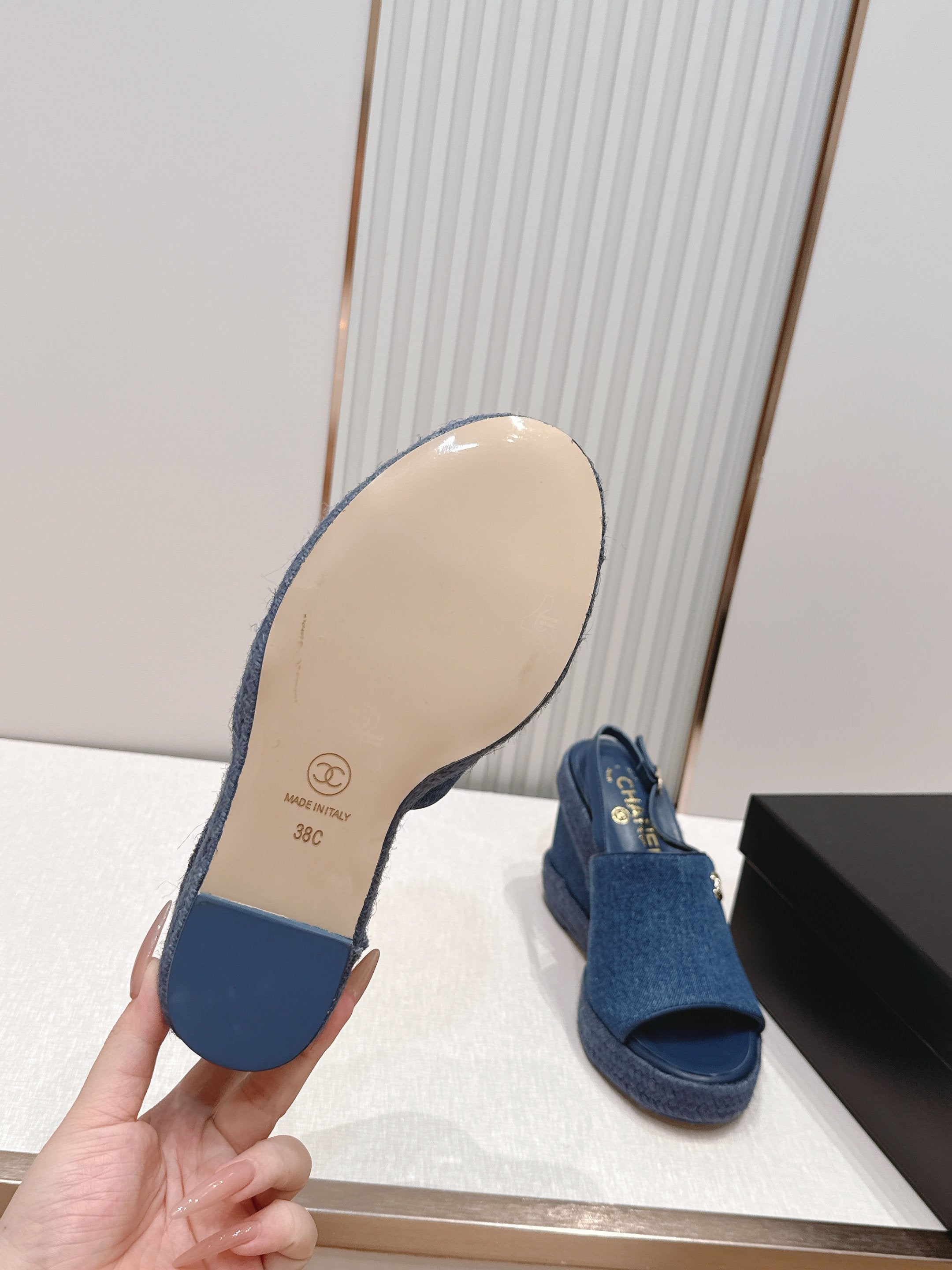 CHANEL 26S WEDGE SANDALS IN BLUE DENIM 29526