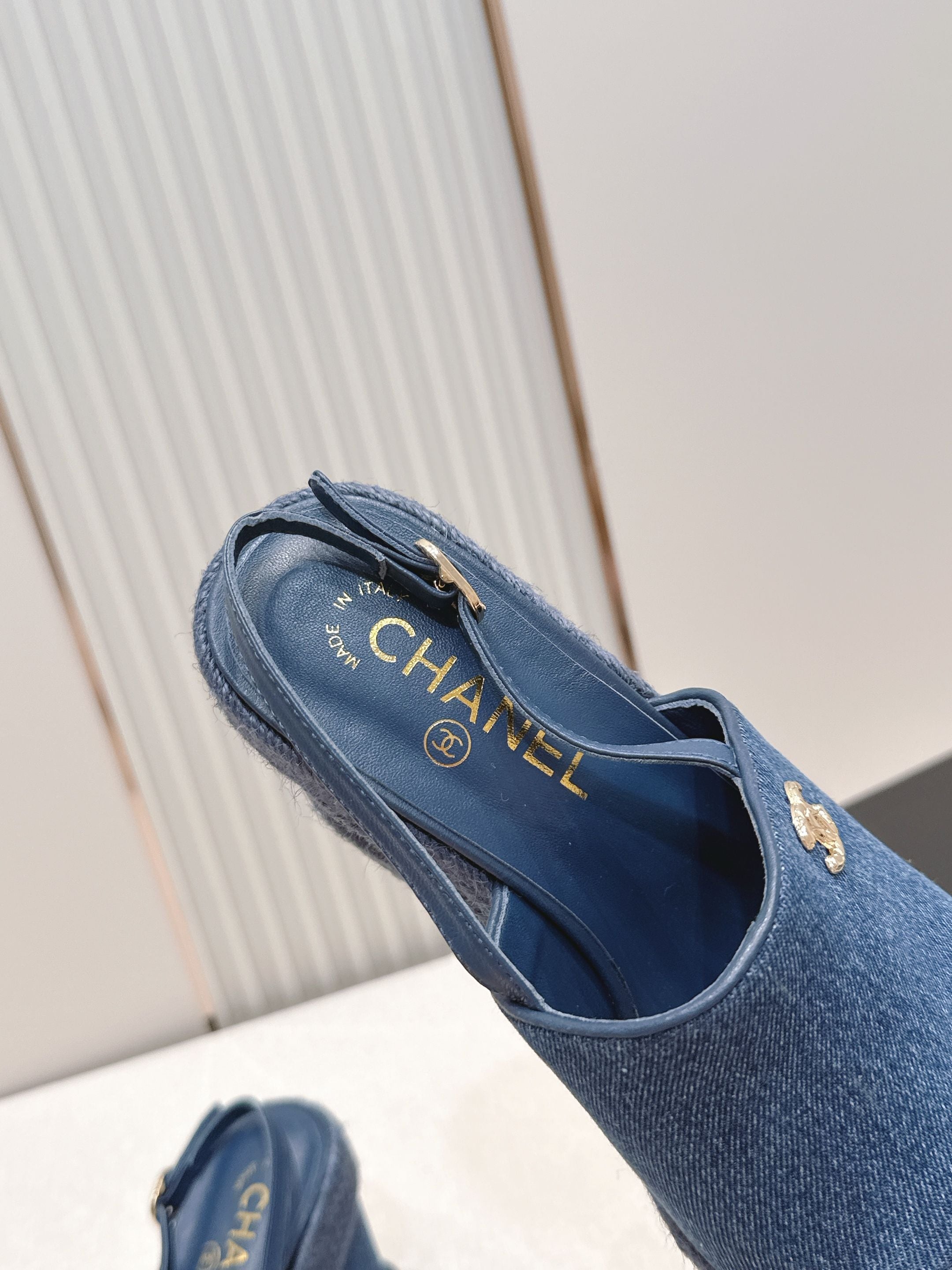 CHANEL 26S WEDGE SANDALS IN BLUE DENIM 29526
