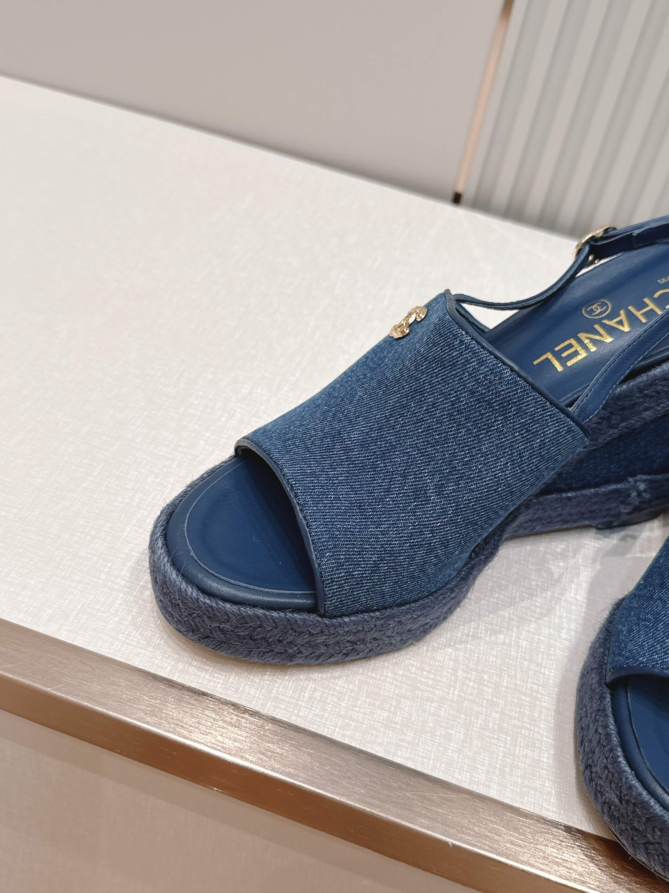 CHANEL 26S WEDGE SANDALS IN BLUE DENIM 29526