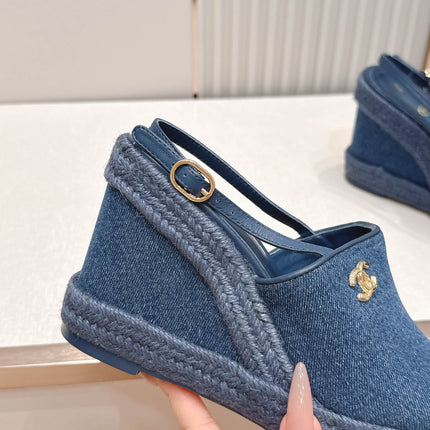 CHANEL 26S WEDGE SANDALS IN BLUE DENIM 29526