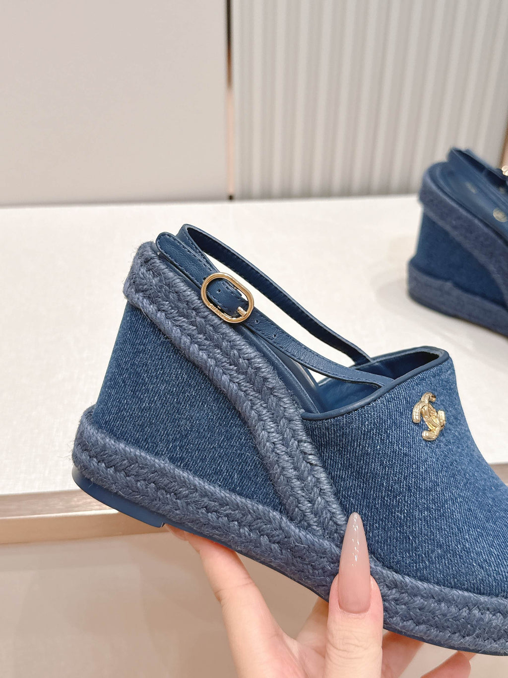 CHANEL 26S WEDGE SANDALS IN BLUE DENIM 29526