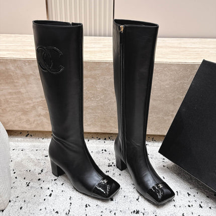 CHANEL 26S KNEE HIGH BOOTS 70 MM IN BLACK CALFSKN AND PATENT