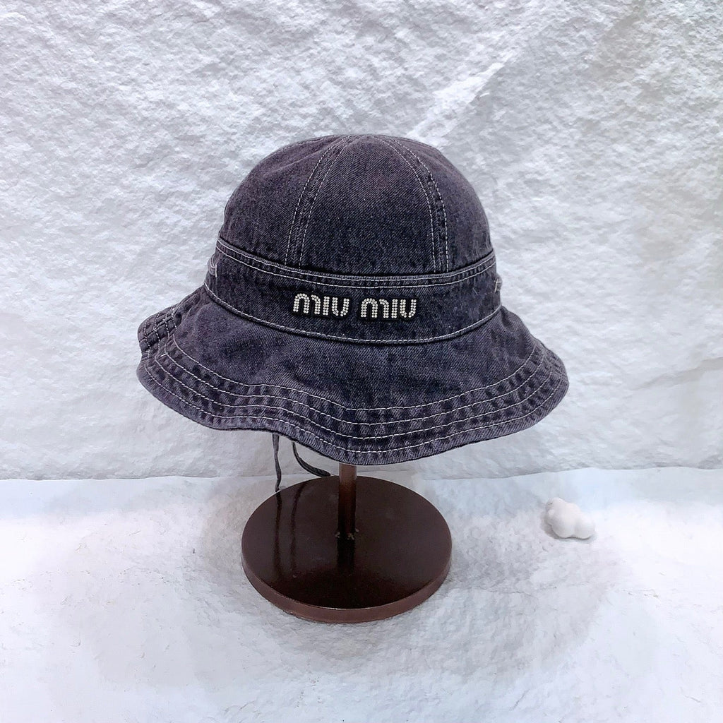 MIUMIU NEW DENIM BUCKET HAT RHINESTONE LOGO