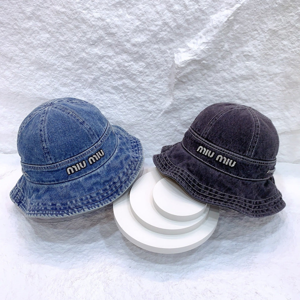 MIUMIU NEW DENIM BUCKET HAT RHINESTONE LOGO