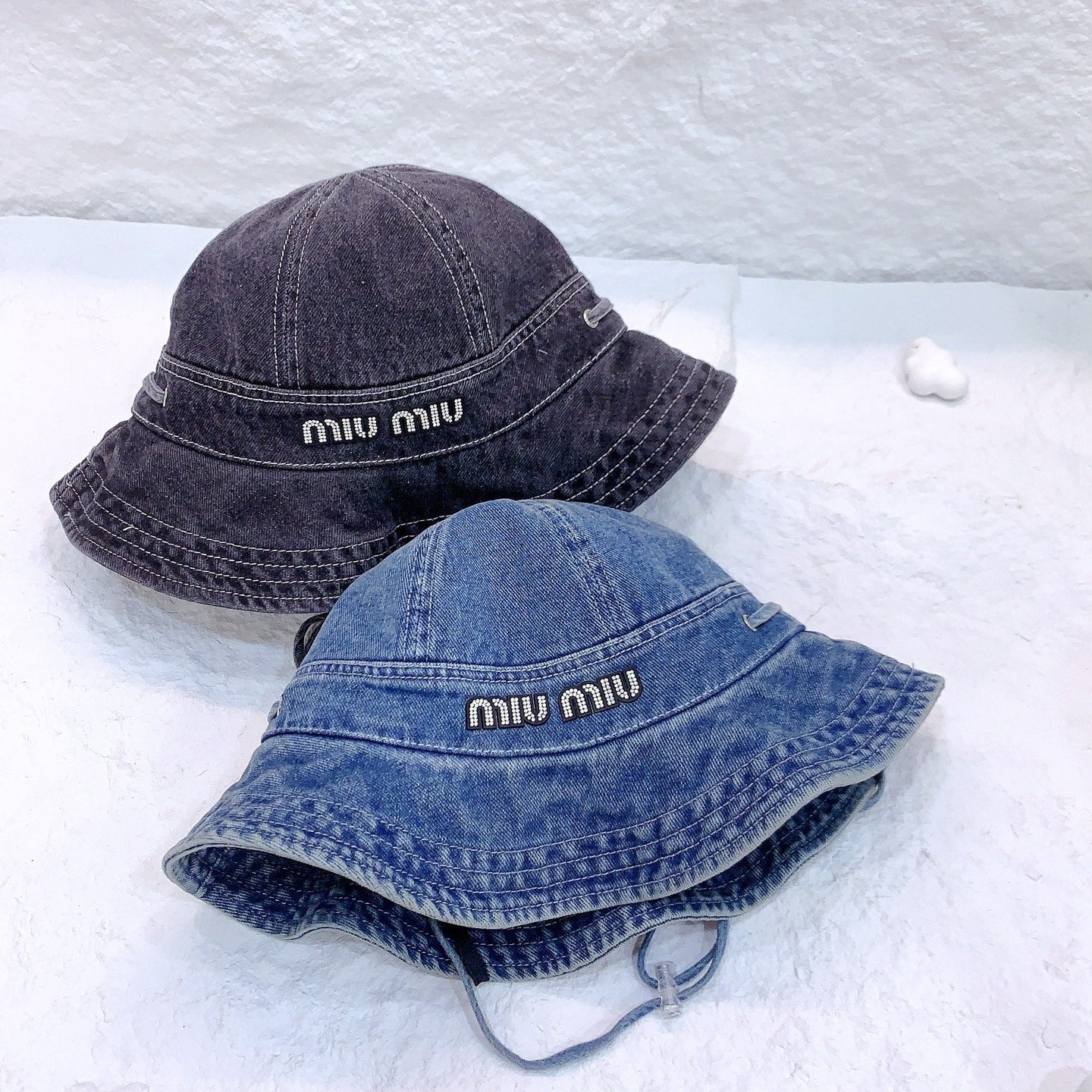 MIUMIU NEW DENIM BUCKET HAT RHINESTONE LOGO
