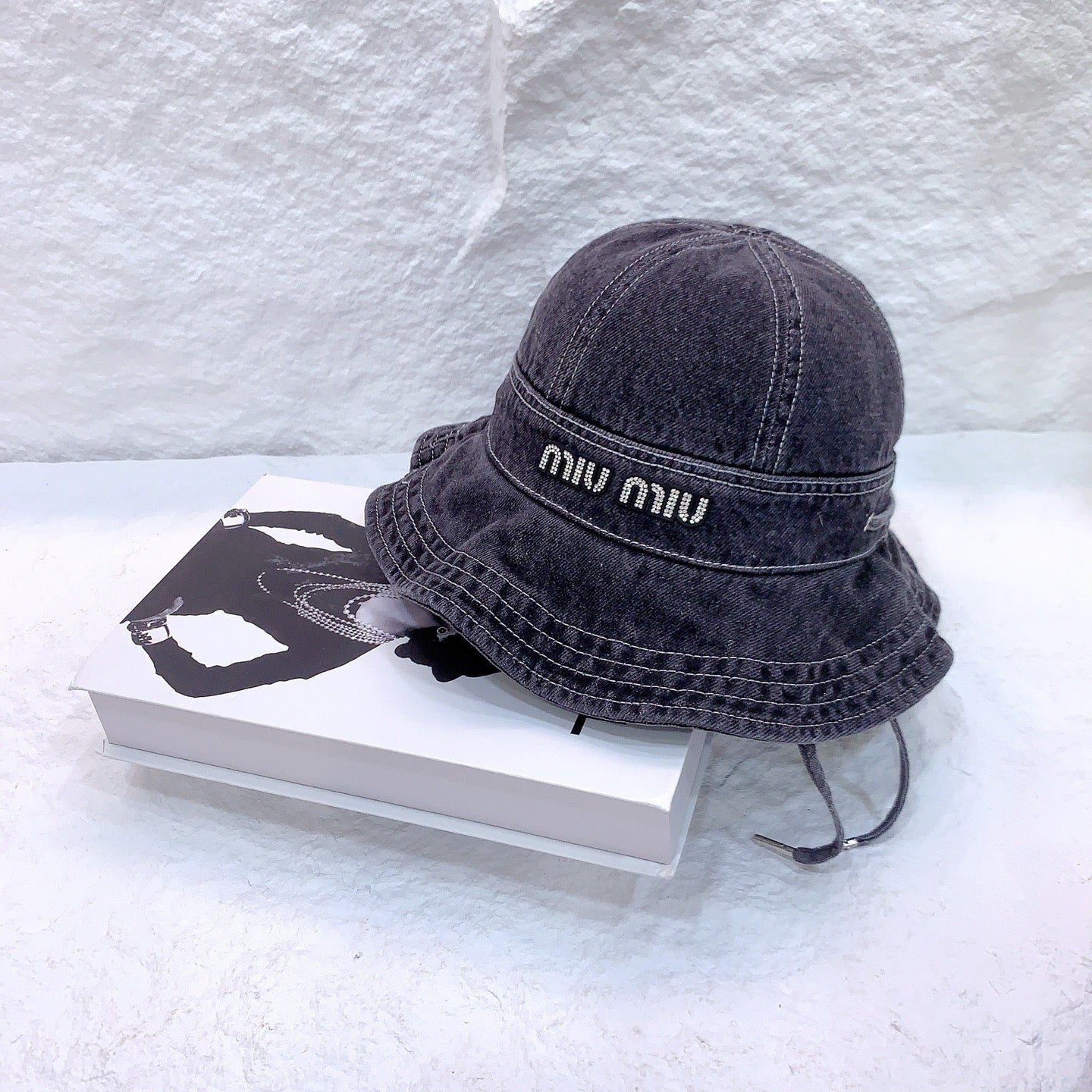 MIUMIU NEW DENIM BUCKET HAT RHINESTONE LOGO