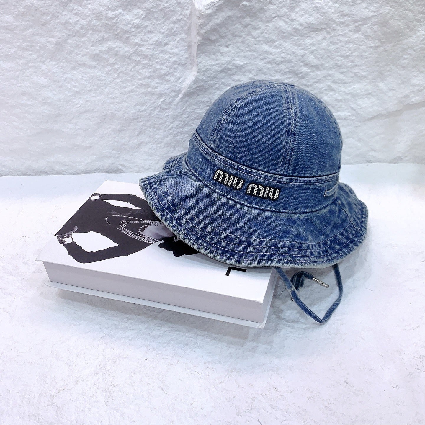 MIUMIU NEW DENIM BUCKET HAT RHINESTONE LOGO