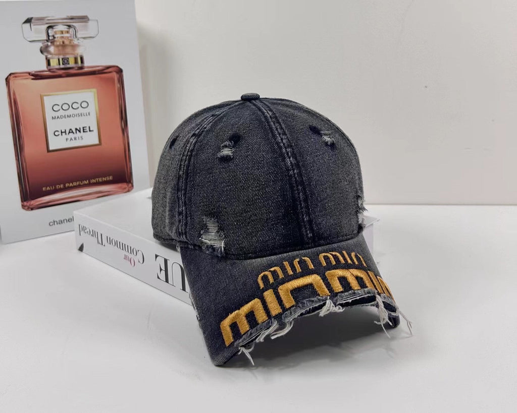 MIUMIU DISTRESSED EMBROIDERED BASEBALL CAP DENIM