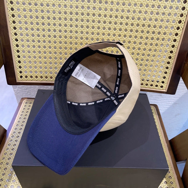 MIUMIU BASEBALL CAP IN LIGHT BEIGE AND NAVY BLUE FABRIC WITH LOGO EMBROIDERY