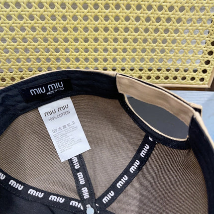 MIUMIU BASEBALL CAP IN LIGHT BEIGE AND NAVY BLUE FABRIC WITH LOGO EMBROIDERY