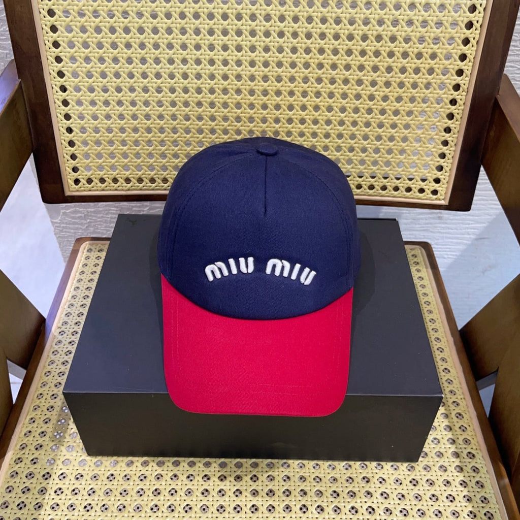 MIUMIU BASEBALL CAP IN NAVY BLUE AND RED FABRIC WITH LOGO EMBROIDERY