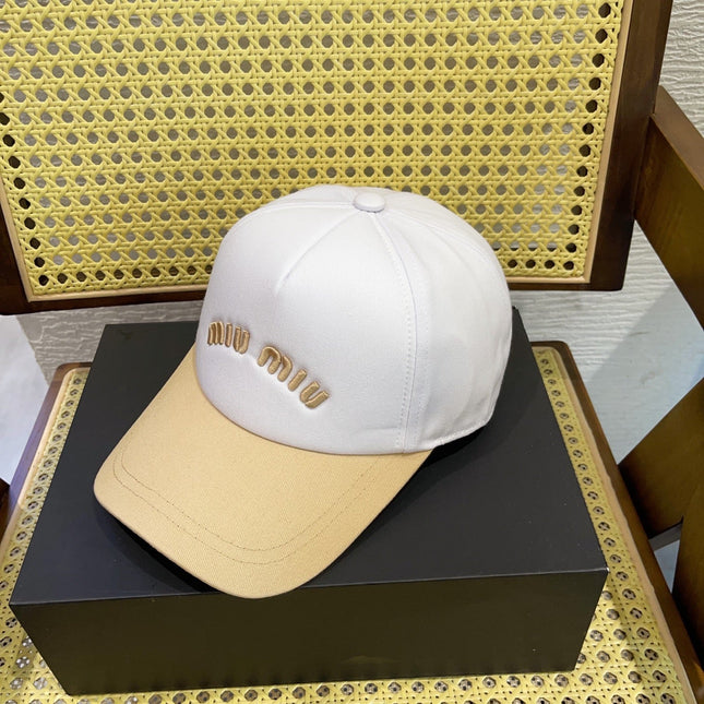 MIUMIU BASEBALL CAP IN WHITE MIX BEIGE FABRIC WITH LOGO EMBROIDERY
