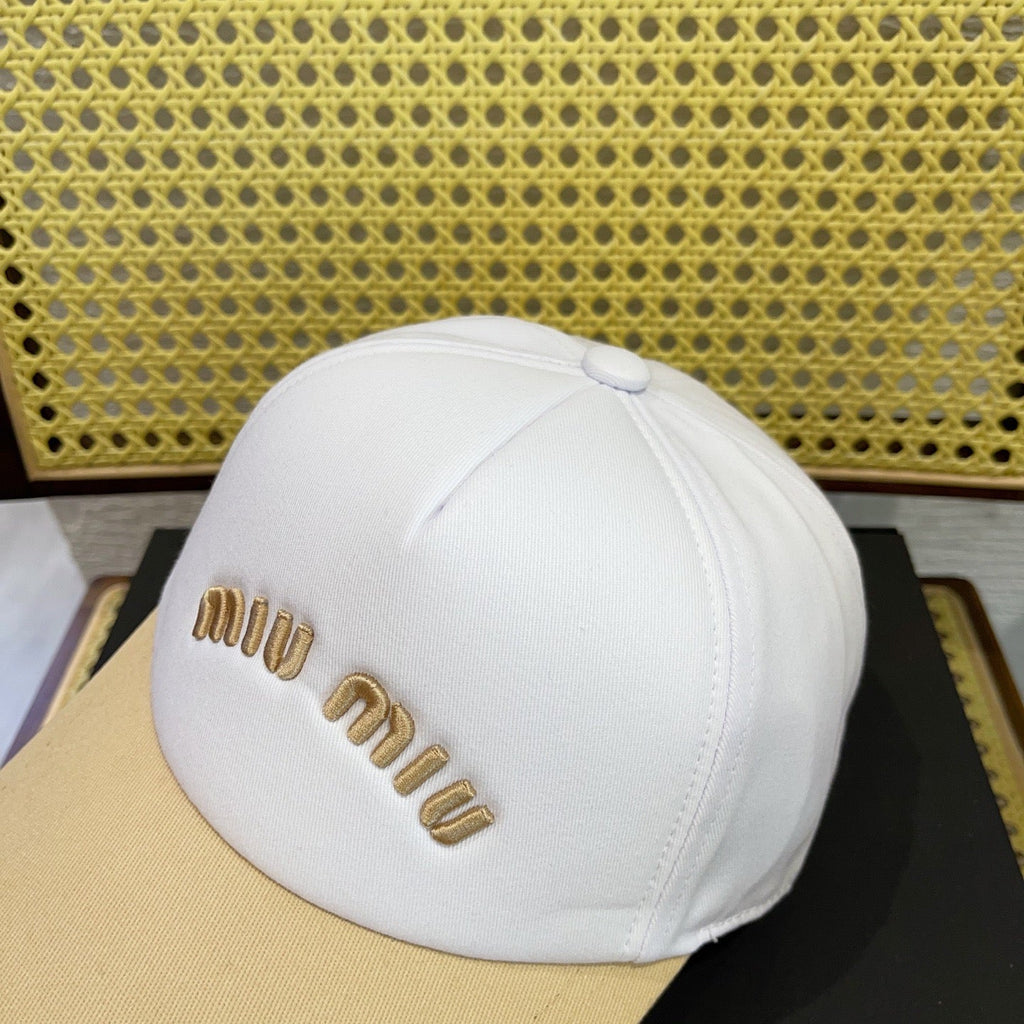 MIUMIU BASEBALL CAP IN WHITE MIX BEIGE FABRIC WITH LOGO EMBROIDERY